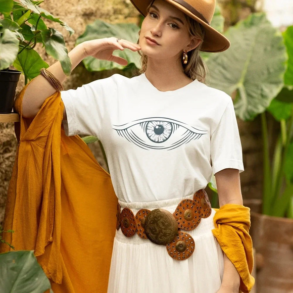 Nataly  thyme evil eye white  boho tee shirt multiple sizes - Picture 2 of 2
